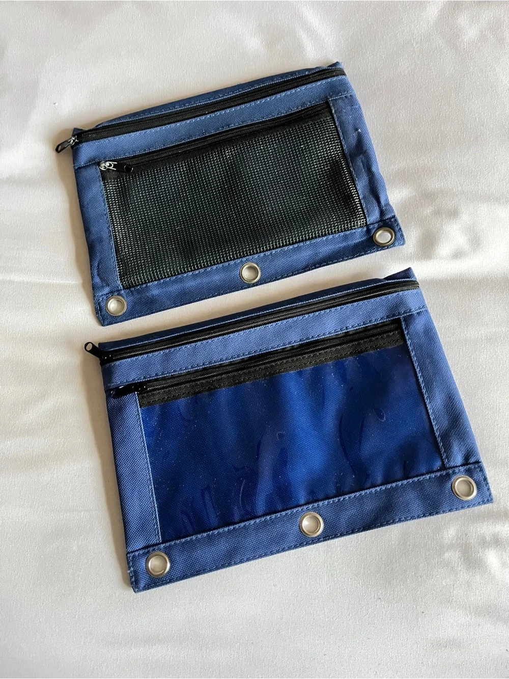 Blue 3 Ring Binder Pencil Pouch 2 Pocket Zipper Clear Window Mesh Case Pack
